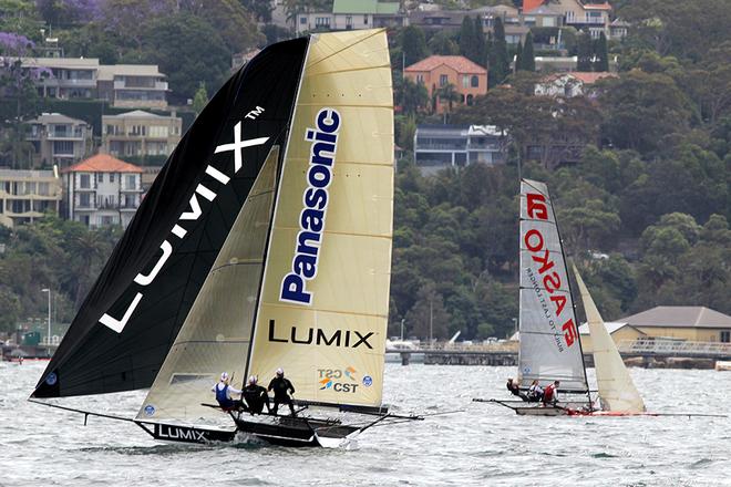 Lumix passes an underpowered Asko on the first downwind leg © Frank Quealey /Australian 18 Footers League http://www.18footers.com.au